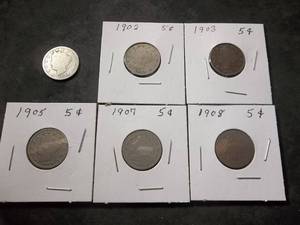 6-V-Nickels 1896, 1902, 1903, 1905, 1907, 1908