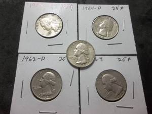 5-Silver Washington Quarters 1959 D, 1962 D, 1963 D, 1964 D, 1964