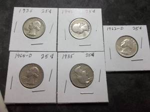 5- Washington Quarters 1935, 1936, 1945, 1962 D, 1964 D