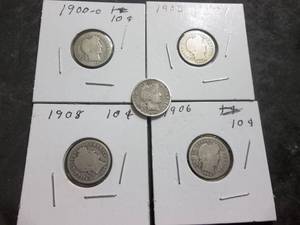 5-Barber Dimes 1900 O, 1902, 1904, 1906, 1908
