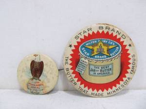 lot 13 image: 2 Antique Circa 1900 Advertising Pinback Buttons - Star Brand Butter & CASE Threshing Machine Co