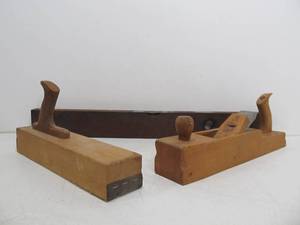 lot 51 image: 2 Antique Woodworking Planes & Antique STANLEY Wood & Brass Level