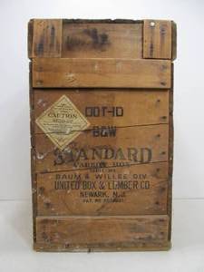 lot 52 image: Antique Wood Carboy Glass Jug Advertising Crate wLid