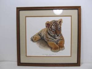 lot 59 image: Framed Signed COMO ZOO Tiger Cub Print - Natasha by Kay Mattison