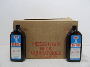 lot 62 image: NOS Case of Vintage HESS Hair Milk Advertising Barber ShopSalon Bottles