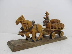 lot 185 image: Large Vintage Carved Wood Beer Barrel Delivery Wagon Sculpture