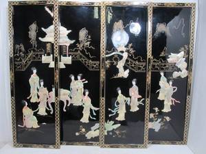 lot 228 image: 4 Panel Oriental Painted Lacquered Wood & Mother of Pearl Wall Hanging
