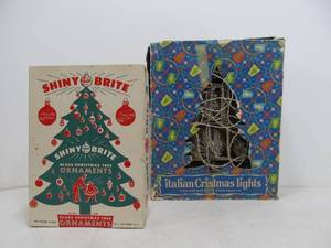 lot 241 image: Vintage Shiny Brite Glass Christmas Ornaments and Italian Tinsel Decorations