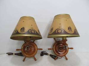 lot 244 image: Excellent Pair of 1940s Birch Wood Nautical Ships Wheel Wall Sconces or Table Lamps