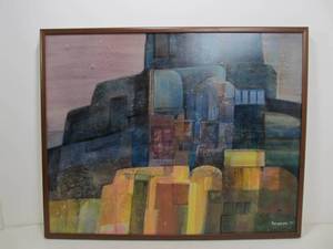 lot 154 image: Framed Signed Dated JUDITH BERGERSON Acrylic on Canvas Painting - Evening Landscape Santa Fe