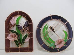 lot 201 image: 2 Stained Glass Butterfly & Dragonfly Window Hangings