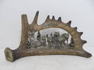 lot 210 image: Vintage Carved Faux Moose Antler Alaska Iditarod Sled Dog Sculpture