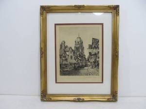 lot 220 image: Vintage Town Street Scene Etching Titled and Signed