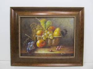 lot 279 image: Framed Signed Oil on Canvas Still Life wFruit Painting