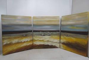 lot 305 image: 3- Piece Oil on Canvas Panoramic Beach Scene Triptych Paintings