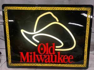 lot 28 image: Vintage Old Milwaukee Cowboy Hat Lighted Sign 16 x 20