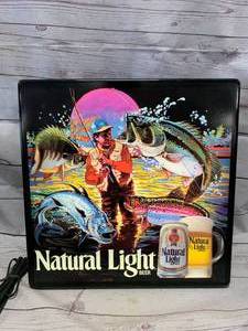 lot 45 image: 1980s Natural Light Beer Lighted Sign New Old Stock (approx 18 x 18)
