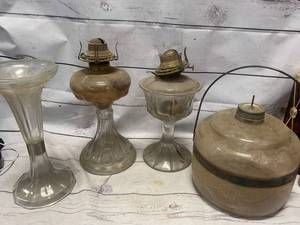 lot 65 image: Antique Oil Lamps, Pot, Fluted Vase