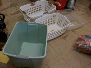 2 Laundry Baskets and 3 Storage Tot...