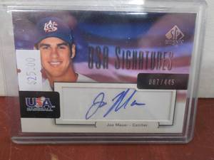 lot 19 image: 2004 SP Authentic USA Baseball Joe Mauer Autograph Card Serial #87445