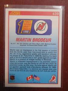 lot 172 image: 1990 Score Hockey Martin Brodeur Rookie Card #439 LK
