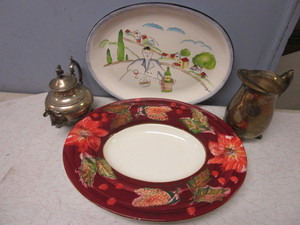 lot 133 image: DECORATIVE SERVING PLATTERS, TEA POT, PITCHER