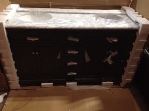 Home Decorators Windlowe 61 in. W x 22 in. D x 35 in. H Bath Vanity in Gray with Carrara Marble Vanity Top in White with White Sink not used