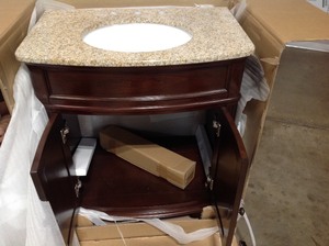Home Decorators Terryn 31 in. W x 35 in. H x 20 in. D Vanity in Cherry with Granite Vanity Top in Beige with White Basin see pictures