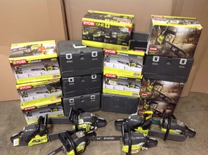Pallet with assorted Ryobi Chain Saws various conditions and models see pictures