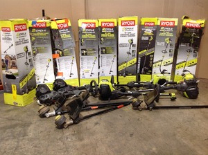 Pallet with assorted Ryobi outdoor tools various models and conditions customer returns