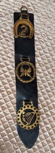 lot 40 image: Antique Horse Brass Medals on Leather Strap