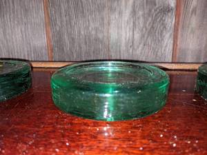 lot 26 image: 4 Hazel Atlas HA Depression Green Uranium Glass Furniture Coasters