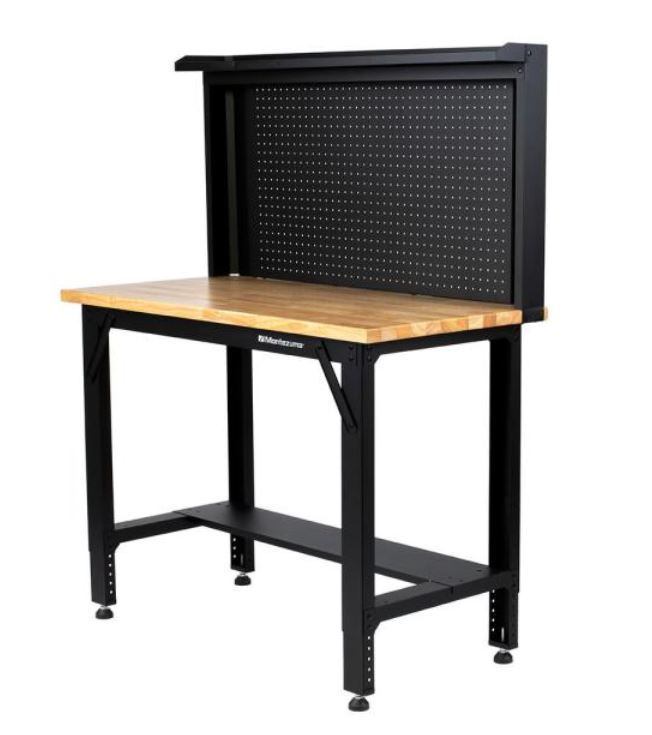 lot 403 image: Montezuma 4ft Adjustable Height Steel Workbench with Pegboard Backwall MWB482454B - NEW