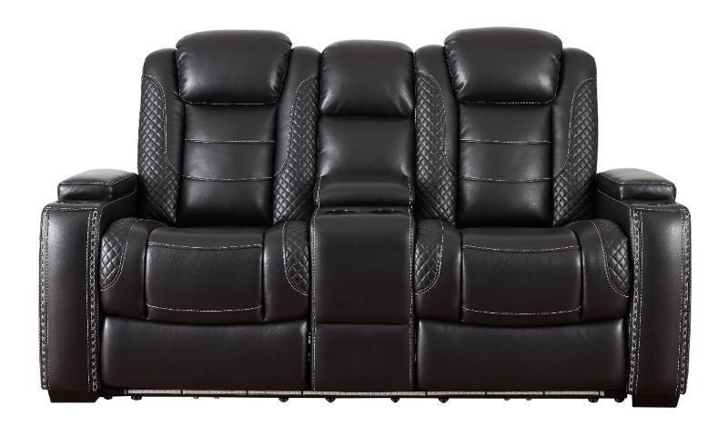 lot 19A image: Ashley Furniture Party Time Power Reclining Loveseat with Console, 3700318 - NEW IN BOX - LOW $800.00 RESERVE