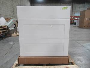 lot 400 image: Hampton Bay Shaker Assembled 30x34.5x24 in. Pots and Pans Drawer Base Kitchen Cabinet in Satin White KDB30-SSW