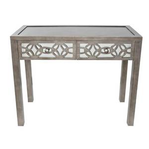 lot 233 image: River of Goods 38 in. Silver Standard Rectangle Wood Console Table with 2-Drawers, 16404 - Scratched Top and Missing Drawer Pulls.