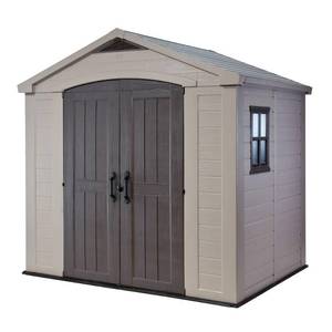 lot 314 image: Keter Factor 8 ft. x 6 ft. Outdoor Storage Shed, 213039 - 2 Boxes Still Manufacture Bound - All Parts seem to be accounted for and in nice condition.