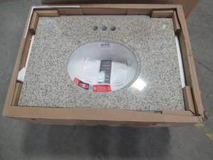 lot 334 image: Pegasus 31 in. x 22 in. Granite Vanity Top in Beige with White Bowl and 4 in. Faucet Spread, 16682.