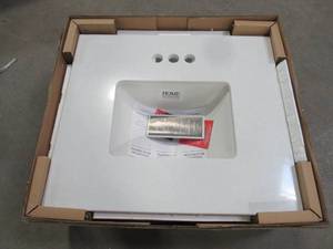lot 336 image: Home Decorators Collection 25 in. W x 22 in. D Engineered Marble Vanity Top in Snowstorm with White Single Trough Sink, 25203
