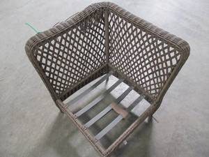 lot 203 image: allen  roth Bellmare Steel Conversation Corner Chair, LG-H8149-CR - Missing Cushions and some cut Wicker.