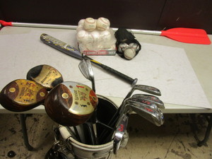 lot 249 image: ASSRTD SPORTING GOODS, BASEBALLS, ADIDAS YOUTH BAT, GOLF CLUBS, RETRACTABLE PADDLE