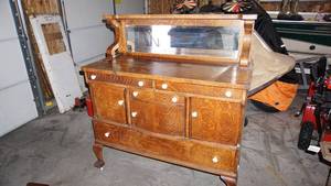 Antique Tiger Wood Buffet Sideboard with Mirror