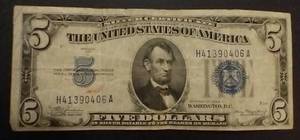 1934-A Blue Seal Silver Certificate $5 Note
