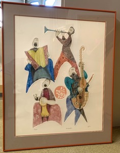 lot 49 image: Amram Egbi Orchestra Framed Block Print w Detail and Colorful Inks