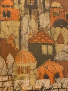 lot 52 image: Large Framed Batik of Jerusalem in Oranges and Browns