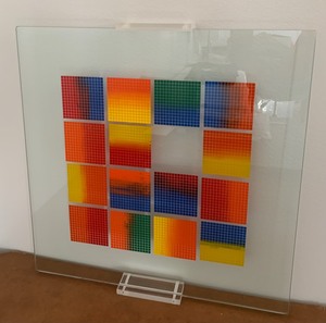 lot 55 image: Modernist Dimensional Geometric Glass Wall Art w Lucite Wall Mounts