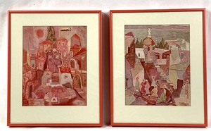 lot 75 image: A Pair of Old City Art Prints in Pinks and Corals, Custom Framed in Luscious Shrimp Hue