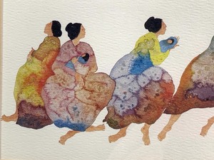 lot 76 image: Custom-Framed Print of 4 Native Women and Babies, Originally in Watercolor