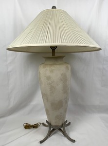 lot 82 image: Large Textured Cream-Colored Ceramic Table Lamp With Metal Base, Pleated Shade