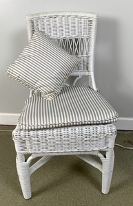 lot 90 image: White Wicker Chair w Grey Stripe Seat Cushion and Matching Pillow